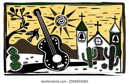 Estilo cordel brasileño. Ilustración de paisaje. Sol, iglesia y guitarra. Estilo xilográfico.