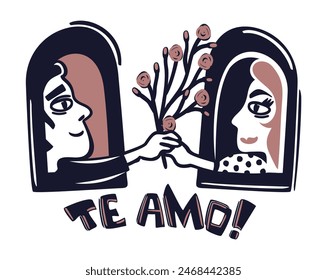 Brazilian cordel style. Man giving flowers to woman. I love you. Lettering in portuguese language. Love concept. Northeast woodcut style.
