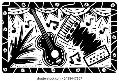 Brazilian cordel style woodcut illustration. Party concept. Musical instruments, flags and notes.