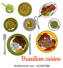 Brazilian cuisine with beef picanha skewer, pork and bean stew feijoada served with rice and oranges, shrimp stew, chicken soup canja, spicy prawns with chili peppers, chimichurri sauce and cocktail