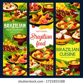 Brazilian cuisine churrasco meat skewers and mango fried beef salad, feijoada beans and bacalhau fish, corn soup and moqueca with shrimp seafood. Brazilian traditional menu meals vector banners