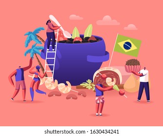 Brazilian Cuisine Concept. Tiny Male and Female Characters and Typical Brazil Dishes Feijoada Stew of Beans with Beef and Pork, Truffle Candy Brigadeiro, Fried Shrimps. Cartoon Vector Illustration