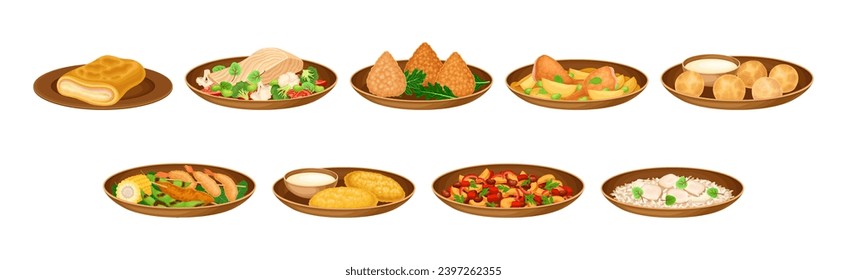 Brazilian Cuisine Dishes and Food Served on Plate Vector Set