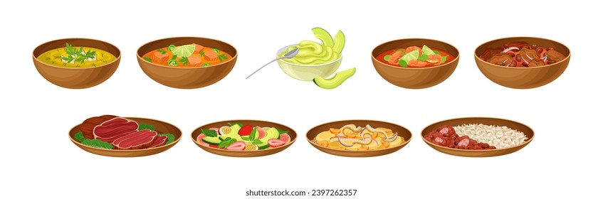 Brazilian Cuisine Dishes and Food Served on Plate Vector Set