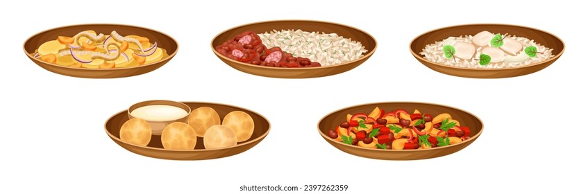 Brazilian Cuisine Dishes and Food Served on Plate Vector Set