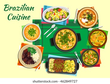 Pratos de cozinha brasileira servidos com carne de tomate e sopas de lentilhas picantes, camarão grosso e sopas de pato com caldo tucupi, carne grelhada com batatas fritas de yuca e salada de arroz e frutas com nozes