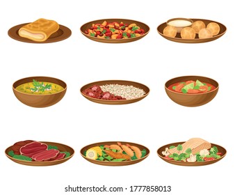Brazilian Cuisine Dishes with Stewed Beans and Fruit Salad Vector Set
