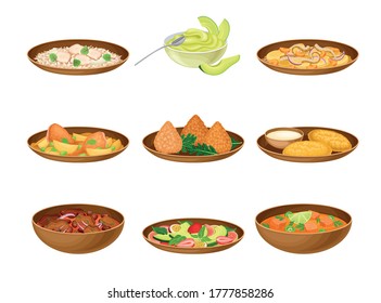 Brazilian Cuisine Dishes with Stewed Beans and Fruit Salad Vector Set