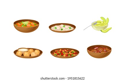 Brazilian Cuisine Dishes with Stewed Beans, Feijoada and Salmon Soup Vector Set