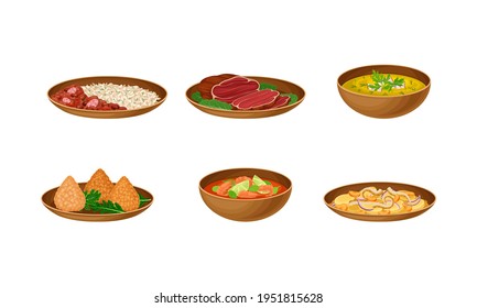 Brazilian Cuisine Dishes with Stewed Beans, Beef Slabs and Shrimp Soup Vector Set