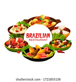 Brazilian cuisine feijoada beans and fish stew bacalhau, moqueca seafood and liver with bananas, corn soup and churrasco meat skewers. Brazilian traditional breakfast, lunch and dinner meals, vector