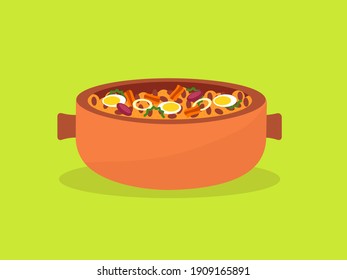 Brazilian cuisine. Flat design. Beans with pork, cabbage, crumbs, eggs, sausage, onions, pork rinds (torresmo) called "tropeiro beans" in Brazil. Typical beans from Minas Gerais. 