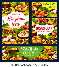 Brazilian cuisine food menu, Brazil restaurant vector meat, fish meal dishes. Brazilian traditional churrasco meat, bacalhau fish, feijoada bean stew, shrimp moqueca and corn soup