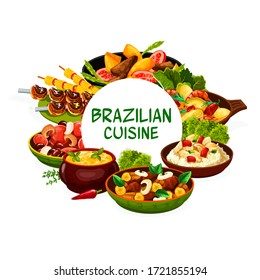 Brazilian cuisine food menu dishes, vector traditional meals. Brazilian cuisine restaurant menu feijoada beans, churrasco meat and fish bacalhau, moqueca with shrimp seafood and corn soup, vegetables