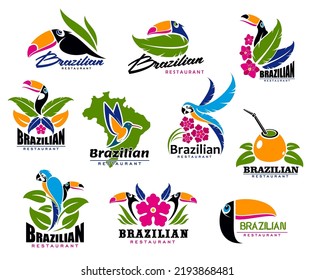 Brazilian cuisine icons of toucans, parrots, mate tea and feathers, vector restaurant symbols. Brazil food bar and cafe signs with tropical exotic birds and palm leaves for Brazilian restaurant menu