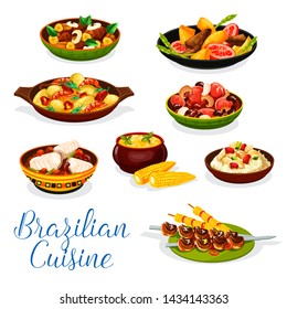 Cocina brasileña de carne y platos de mariscos de diseño vectorial. Carne de buey a la parrilla sobre brochetas churrasco, arroz de pescado, frijol estofado feijoada y camarón moqueca de bacalao, sopa de maíz, hígado con banana, ensalada de buey mango