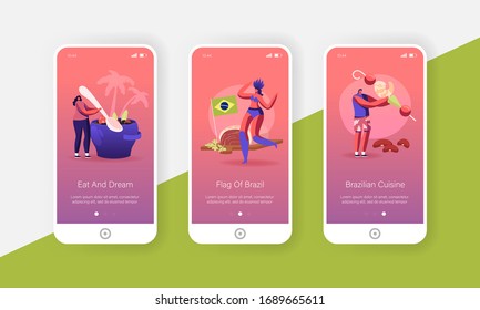 Brazilian Cuisine Mobile App Page Onboard Screen Template. Tiny People Characters Cooking and Eating Fried Shrimps, Feijoada Stew of Beans with Beef and Pork Concept. Cartoon Vector Illustration