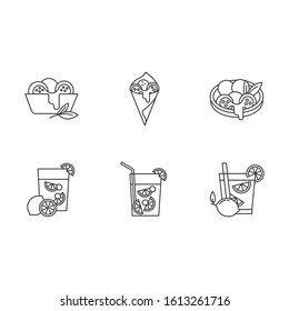 Brazilian cuisine pixel perfect linear icons set. Arancini. Caipirinha. Alcoholic beverage with lime. Customizable thin line contour symbols. Isolated vector outline illustrations. Editable stroke