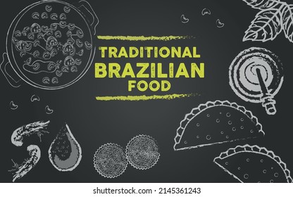 Brazilian cuisine top view frame. Brazilian food menu design. Vintage hand drawn sketch vector illustration.