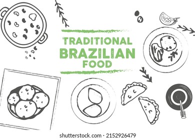 Brazilian cuisine top view frame. Brazilian food menu design. Vintage hand drawn sketch vector illustration.