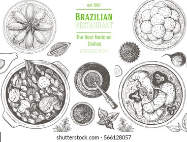 Brazilian cuisine top view frame. Brazilian food menu design. Vintage hand drawn sketch vector illustration.