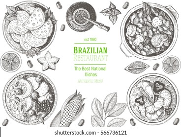 Brazilian cuisine top view frame. Brazilian food menu design with feijoada, acai, meat pastry, moqueca de peixe and mate tea. Vintage hand drawn sketch vector illustration.