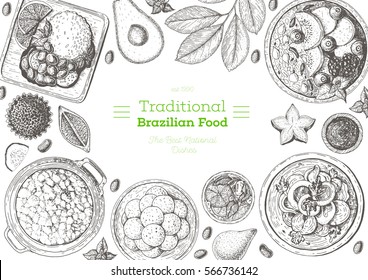 Brazilian cuisine top view frame. Brazilian food menu design with acai, feijoada, moqueca, farofa, pao de queijo. Vintage hand drawn sketch vector illustration.