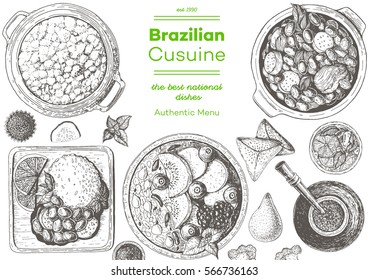 Brazilian cuisine top view frame. Brazilian food menu design with acai, feijoada, farofa, caipirinha and mate tea. Vintage hand drawn sketch vector illustration.