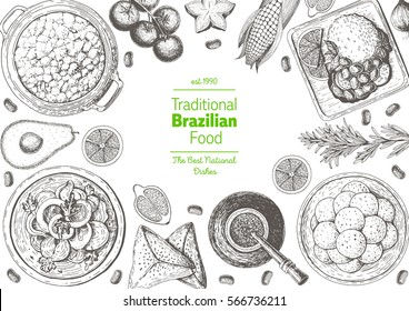 Brazilian cuisine top view frame. Brazilian food menu design with farofa, mate tea, feijoada, pao de queijo. Vintage hand drawn sketch vector illustration.