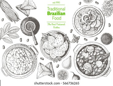 Brazilian cuisine top view frame. Brazilian food menu design with farofa, moqueca, feijoada, meat pastry and mate tea. Vintage hand drawn sketch vector illustration.