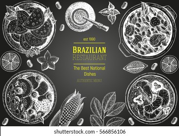 Brazilian cuisine top view frame. Brazilian food menu design. Vintage hand drawn sketch vector illustration