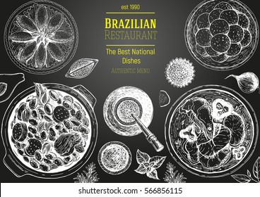 Brazilian cuisine top view frame. Brazilian food menu design. Vintage hand drawn sketch vector illustration