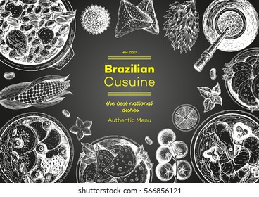 Brazilian cuisine top view frame. Brazilian food menu design. Vintage hand drawn sketch vector illustration