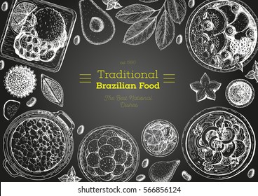 Brazilian cuisine top view frame. Brazilian food menu design. Vintage hand drawn sketch vector illustration