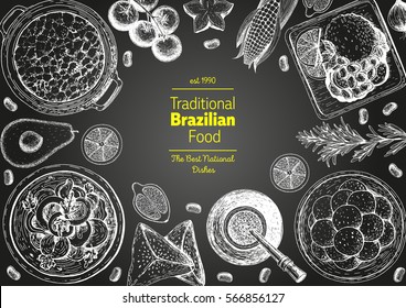 Brazilian cuisine top view frame. Brazilian food menu design. Vintage hand drawn sketch vector illustration