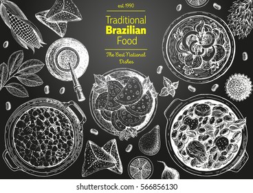 Brazilian cuisine top view frame. Brazilian food menu design. Vintage hand drawn sketch vector illustration