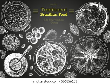 Brazilian cuisine top view frame. Brazilian food menu design. Vintage hand drawn sketch vector illustration