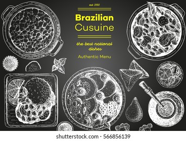 Brazilian cuisine top view frame. Brazilian food menu design. Vintage hand drawn sketch vector illustration