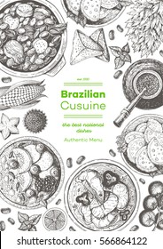 Brazilian cuisine top view frame. Brazilian food menu design. Vintage hand drawn sketch vector illustration