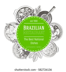 Brazilian cuisine vector illustration. Brazilian food circle concept. Menu label with feijoada, acai, mate and farofa . Linear graphic