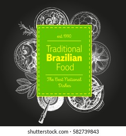 Brazilian cuisine vector illustration. Brazilian food frame concept. Menu label with feijoada, acai, mate and pao de queijo . Linear graphic