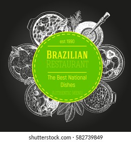 Brazilian cuisine vector illustration. Brazilian food circle concept. Menu label with feijoada, acai, mate and farofa . Linear graphic