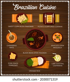 Brazilian cuisine vector menu sweet corn mush pamonha, potato dumplings coxinha and chimarrao mate. Black bean stew feijoada, seafood stew moqueca and pork rinds torresmo with orange rice Brazil meals