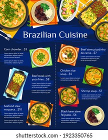 Brazilian cuisine vector menu template avocado strawberry salad, corn chowder and black bean stew feijoada. Beef stew picadinho de carne, shrimp soup, seafood stew moqueca and chicken rice soup meals