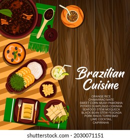 Brazilian cuisine vector sweet corn mush pamonha, potato dumplings coxinha and chimarrao mate or black bean stew feijoada. Seafood stew moqueca, orange rice and lime cocktail caipirinha food of Brazil