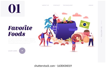 Brazilian Cuisine Website Landing Page. Characters and Brazil Dishes Feijoada Stew of Beans with Beef and Pork, Truffle Candy Brigadeiro, Fried Shrimps Web Banner. Cartoon Flat Vector Illustration