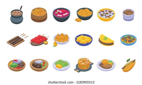 Brazilian culinary icons set isometric vector. Arancini bread. Rice plate