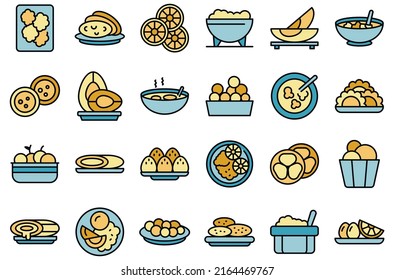 Brazilian culinary icons set outline vector. Arancini bread. Rice plate thin line color flat on white