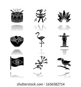 Brazilian culture drop shadow black glyph icons set. Traditional masquerade. Flamingo. Jesus statue. Carnival hat. Samba. Exotic birds. Ethnic festival. Isolated vector illustrations on white space