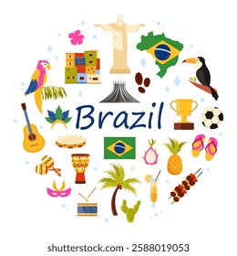 Brazilian culture elements and landmarks, flag and map of Brazil, musical instrument and carnival in round infographic banner. BBQ and tropical palm tree, parrot and cactus cartoon vector illustration